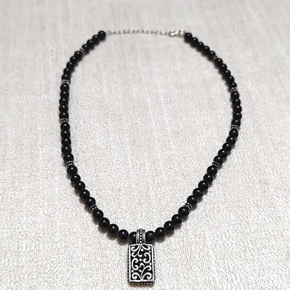Black Bead and Silver Scroll Pendant Necklace 16